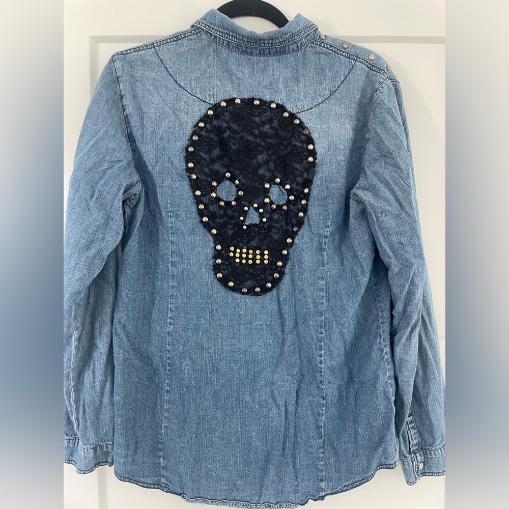 Blue Black Long Sleeve Embellished skull Mandarin Collar Shirt
